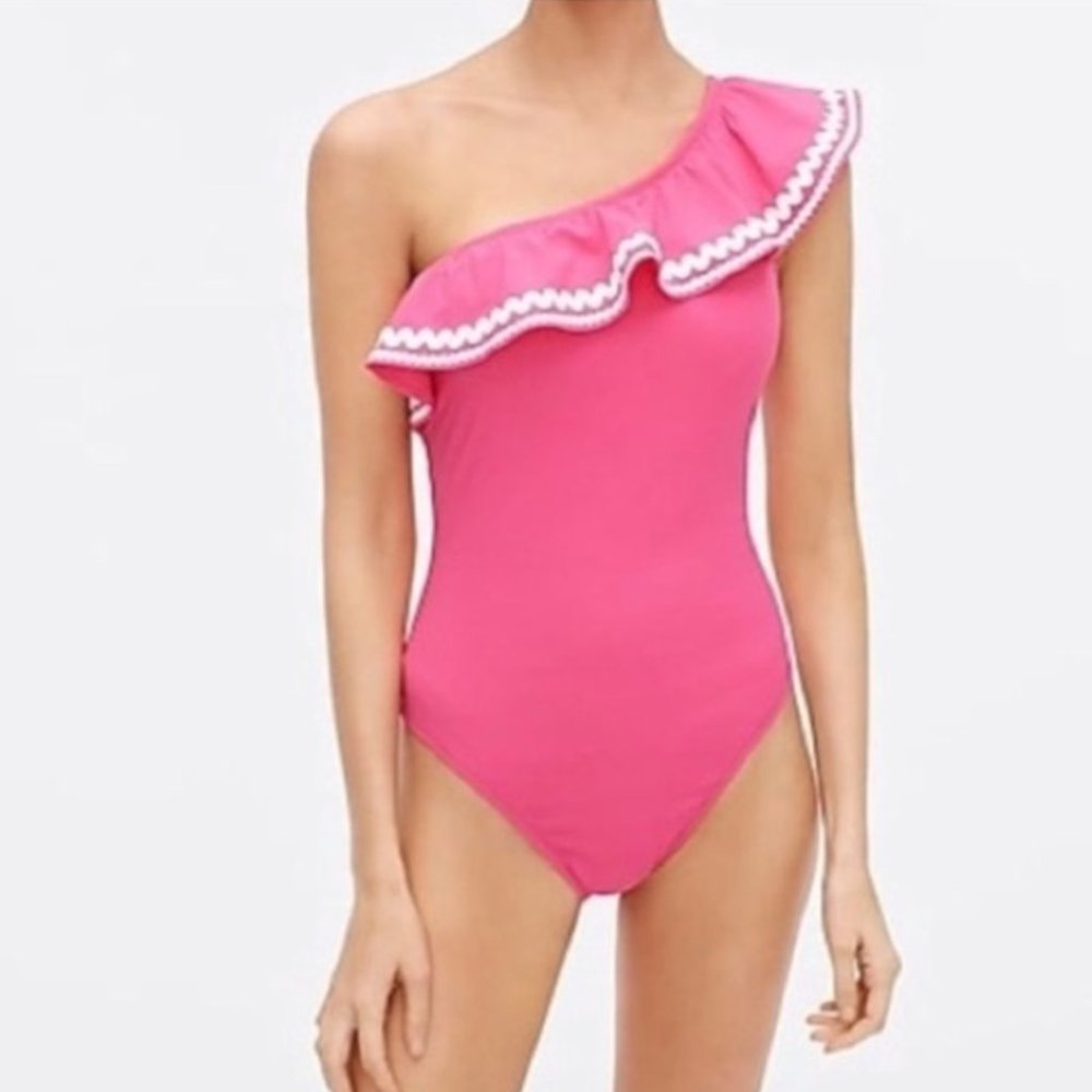 J Crew One-shoulder Ruffle One Piece Swimsuit With Rickrack, Size 8 -- NWT - Picture 1 of 9